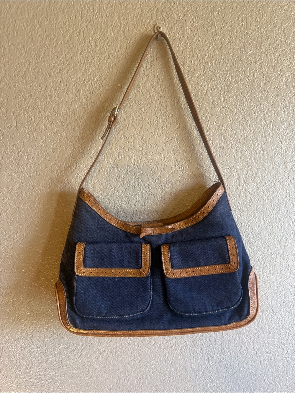 Navy Canvas Shoulder Bag with Tan Leather Trim